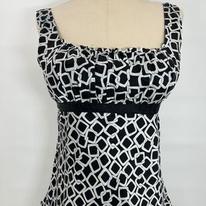 WH|BM Women's Black White Print Silk Dressy Top Invisible Side Zipper - Size XL